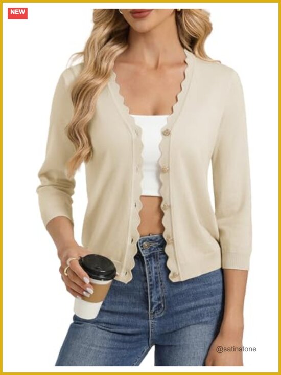 Sweaters - Lightweight 3/4 Sleeve V-Neck Cardigan Shrug for Summer Layering